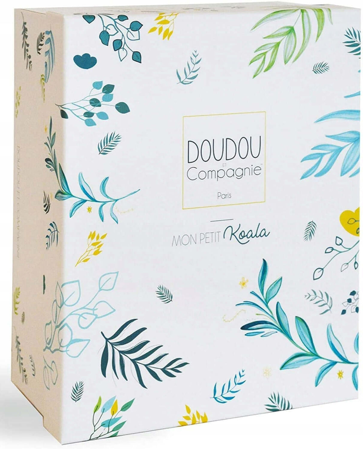 DOUDOU et COMPAGNIE koala z pozytywką 20 cm w ozdobnym pudełku, biało-turkusowa przytulanka dla niemowląt