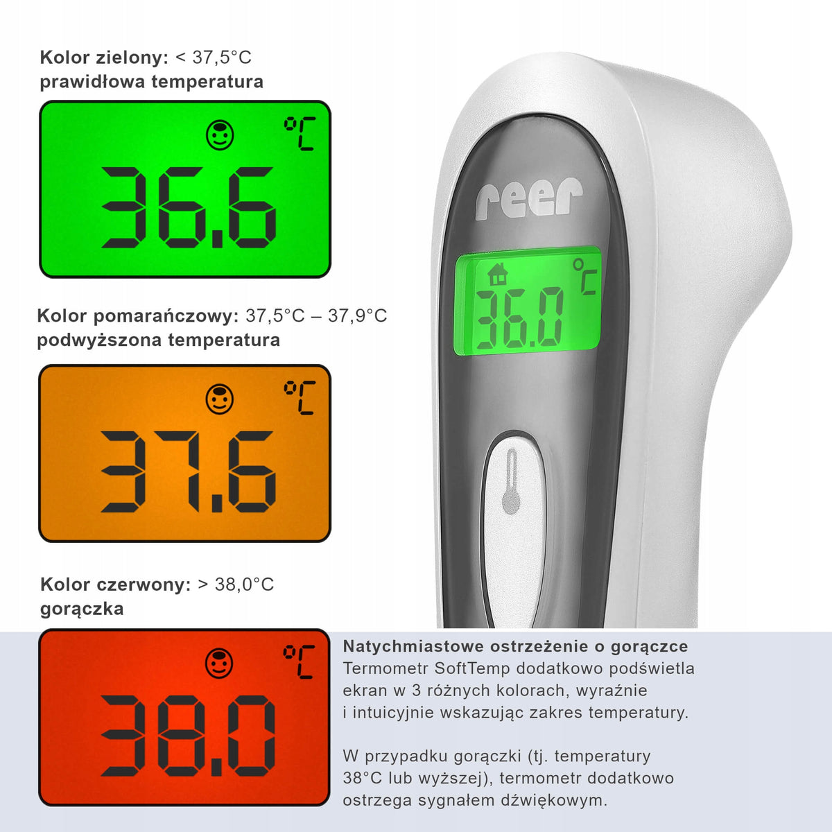 REER Colour SoftTemp termometr bezdotykowy 3w1 z kolorowym podświetleniem, szybki pomiar temperatury