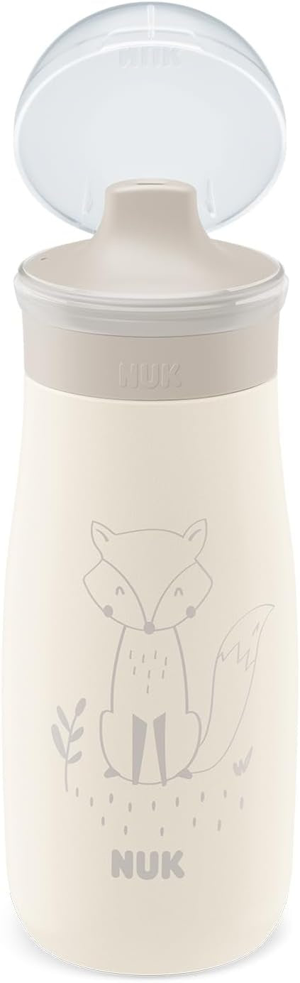 Jasna butelka z rysunkiem lisa i podniesioną przezroczystą osłonką ustnika.