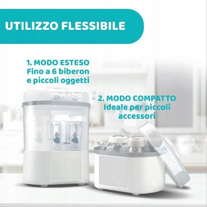 CHICCO sterylizator parowy z suszarką All in One, elastyczne użycie: tryb esteso i kompaktowy
