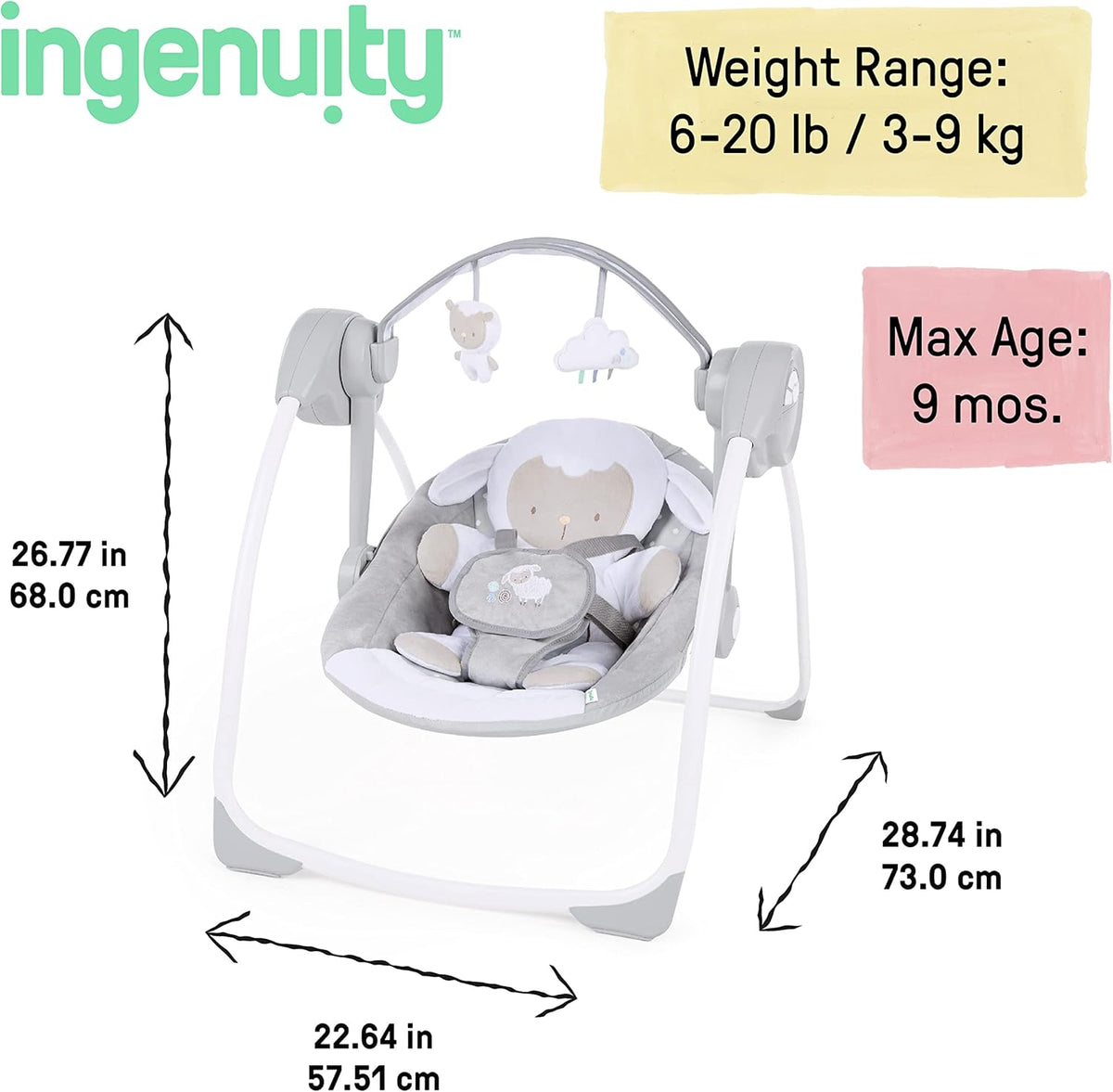 INGENUITY Comfort2GO шезлонг ЗВУЦИ ВИБРАЦИИ Cuddle Lamb