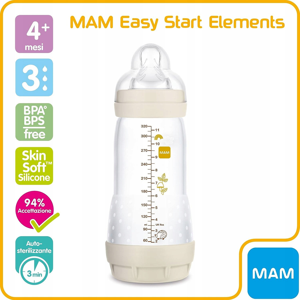 MAM Easy Start butelka antykolkowa 320ML, 4+ mies., smoczek 3, BPA/BPS free, self-sterylizująca