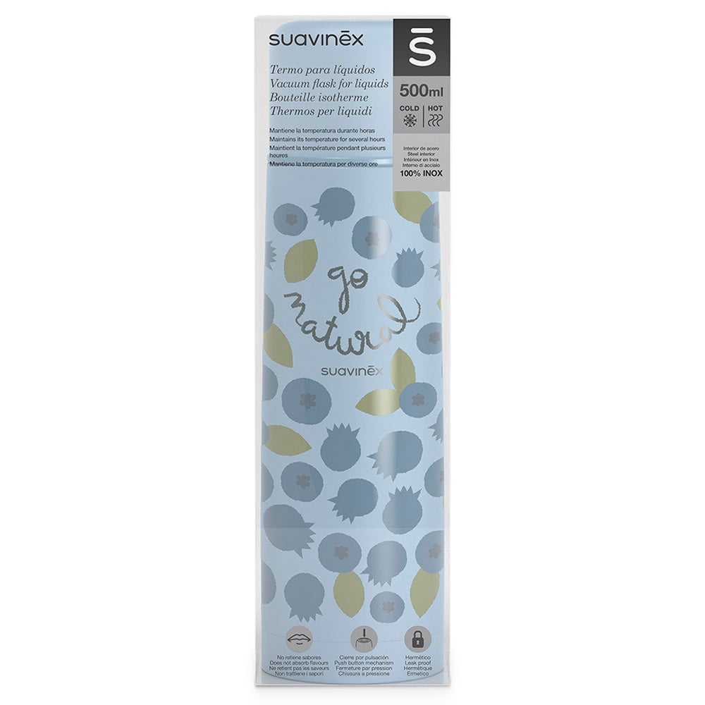 Suavinex Go Natural – termos z motywem borówek w opakowaniu